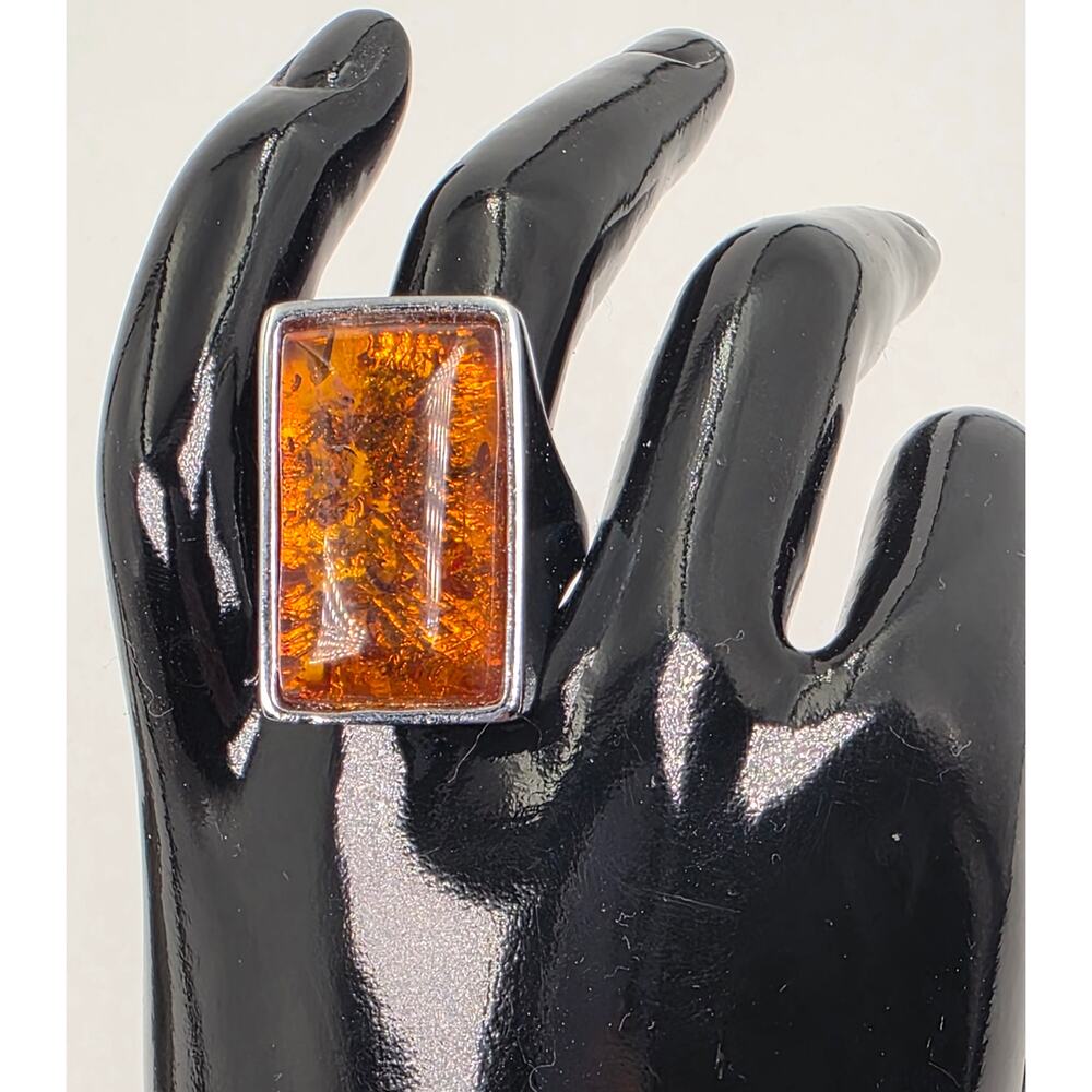 Vintage Chunky Rectangle Simulated-Amber Silvertone Boho Statement Ring Size  9